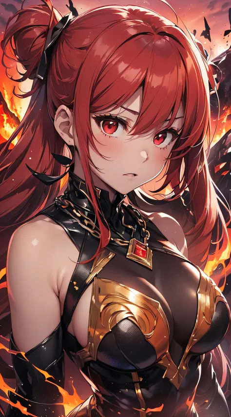 top-quality、Top image quality、​masterpiece、girl with((20yr old、Best Bust、big bast、Bust 85,Red Eyes、Breasts wide open,Long twin tails with glowing red hair、A slender、Large valleys、Red dress、Red Magma Armor,Reflecting the whole body、Glowing Red Greatsword、Hi...