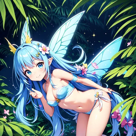 Best Quality, masutepiece, Cute fairy girl with sparkly sparkles, adorable smiling、fairy wings, Light blue long hair、Twin-tailed、Pure white costume、In the mysterious jungle, foliage, Tropical, kawaii, mystery, Magical, Mythical animals and mysterious butte...