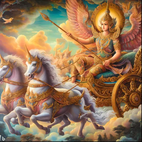 painting of a woman riding a chariot with two horses, chariot, beautiful godrays, by Caroline Chariot-Dayez, thailand art, mythological painting, by Ju Lian, by Sasha Putrya, by Shen Che-Tsai, she is arriving heaven, puṣkaracūḍa, tarot card the chariot