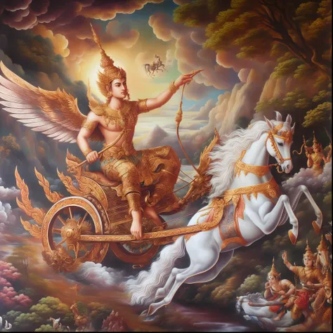 painting of a man riding a chariot with a horse and a horse, mythological painting, chariot, thailand art, by Caroline Chariot-Dayez, intricate fantasy painting, beautiful godrays, nivanh chanthara, beautiful depiction, by Sasha Putrya, vishnu, samsara, fr...