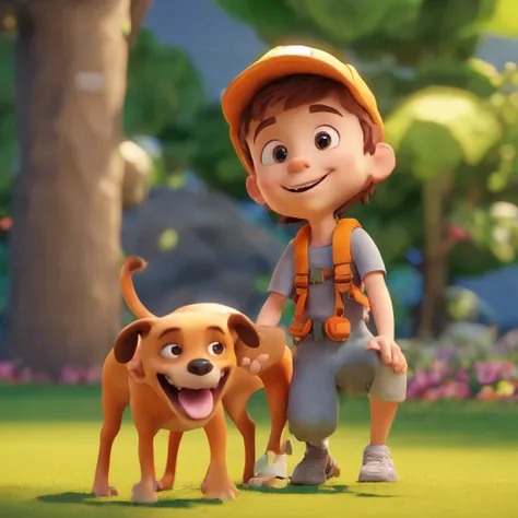 Lucas is a smiling 5-year-old human boy, com seu fiel amigo, Bolt, o cachorro pit monster, deitados no jardim