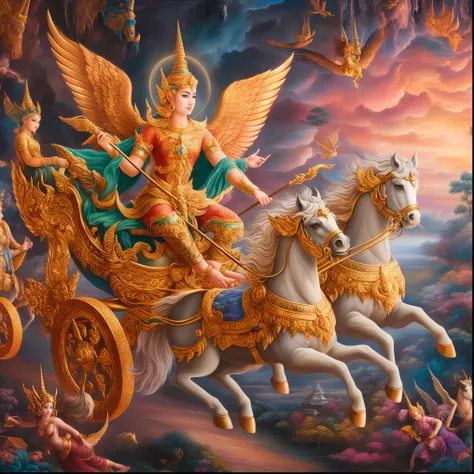 painting of a man riding on a horse with a winged figure, thailand art, chariot, mythological painting, beautiful godrays, tarot card the chariot, intricate fantasy painting, fantasy painting hd, goddess. extremely high detail, 4k highly detailed digital a...