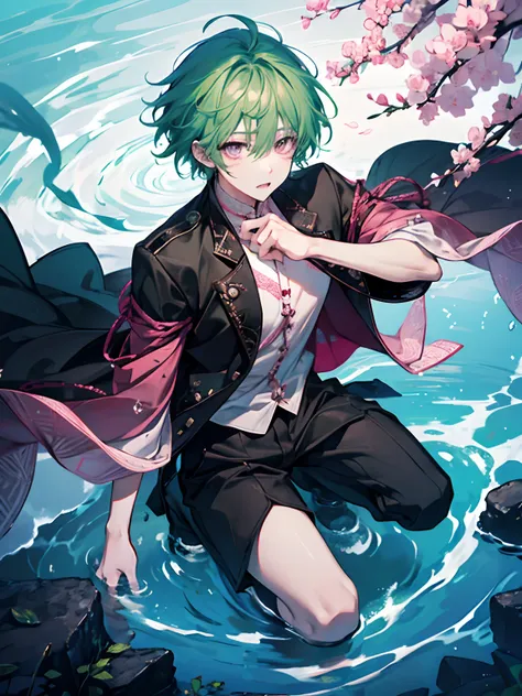 high-level image quality、male in his 20s、green colored hair、Pink eyes、Immerse the body in water、Falling down、Clothes also get wet、Expression of melancholy