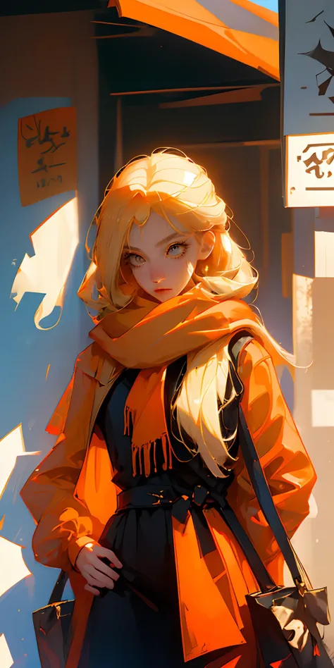 a girl, orange scarf, olhos alaranjados, blonde hair, Roupas laranja e branca, anime