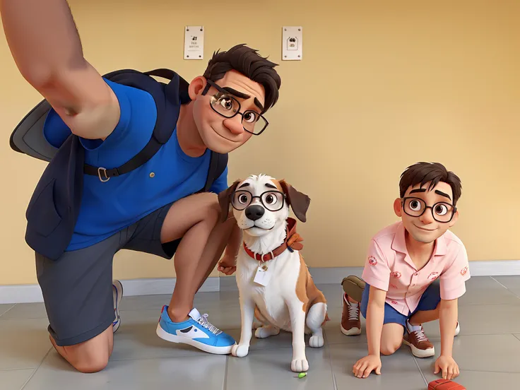 Uncle using glasses, female dog and short hair nephew