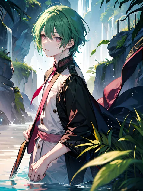 high-level image quality、male in his 20s、green colored hair、Pink eyes、Immerse the body in water、Falling down、Clothes also get wet、Expression of melancholy