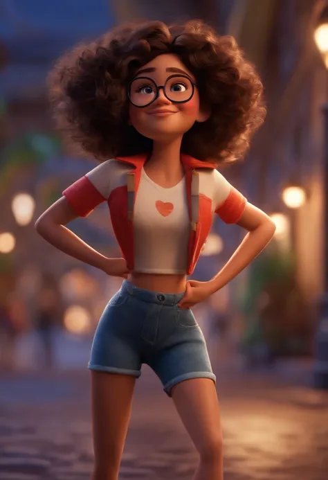 Pixar style image with 3D character white glasses brunette woman short curly hair dancing, Maquiagem Disney,Pescador, bonitinho, sorridente ,Close-up, Pixar, Disney, Cinema lighting,