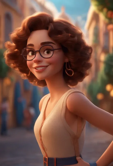 Pixar style image with 3D character white glasses brunette woman short curly hair dancing, Maquiagem Disney,Pescador, bonitinho, sorridente ,Close-up, Pixar, Disney, Cinema lighting,