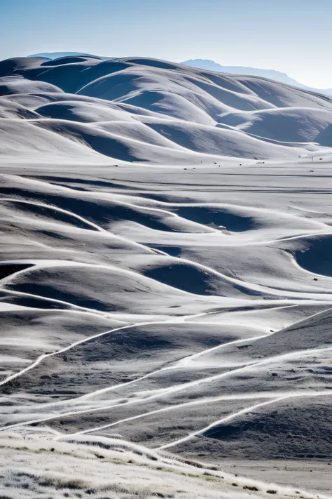 monochromatic white landcape, isometric, degraded grassland, degraded pasture, mountains, hills, valleys, no people, no sand, no...