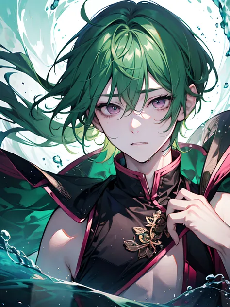 high-level image quality、male in his 20s、green colored hair、Pink eyes、Immerse the body in water、Falling down、Clothes also get wet、Expression of melancholy