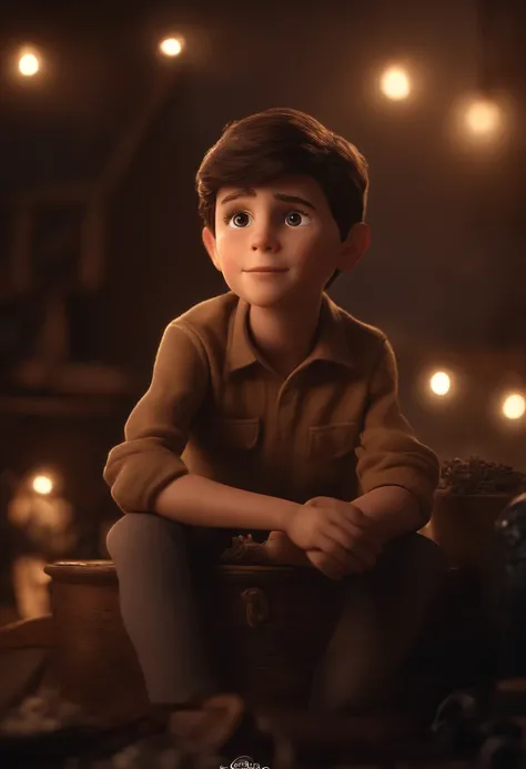 create a 3D pixar style film cover of a 7 year old boy, with short dark brown hair, with light brown eyes, name Guilherme pequeno