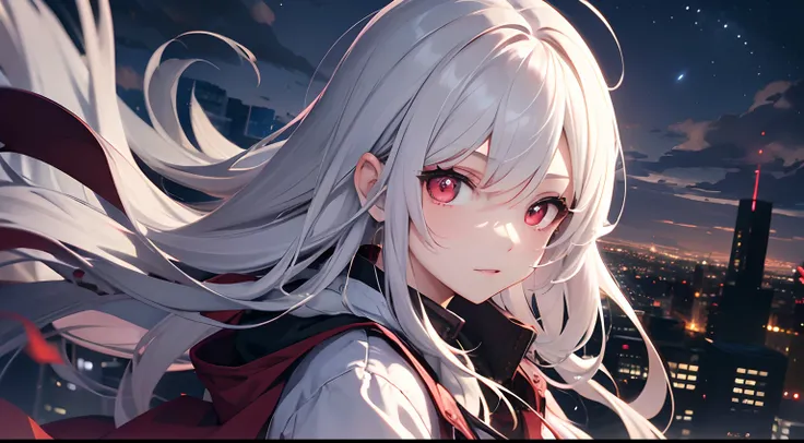 (masutepiece), Red pupils, Very cute girl vampire, Cute, deep in the night, Windswept and cloudy, Overlooking a high perspective, in night, Light floating above the sky.