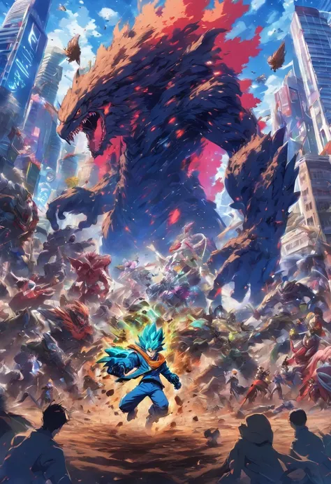 Giant monsters made of dirt destroy a city, Aliens fight monsters, Broken robots on the ground, A man in a blue suit escaped, Monster in the center of the image, Lying down image, Flying laying hens, best qualityer.