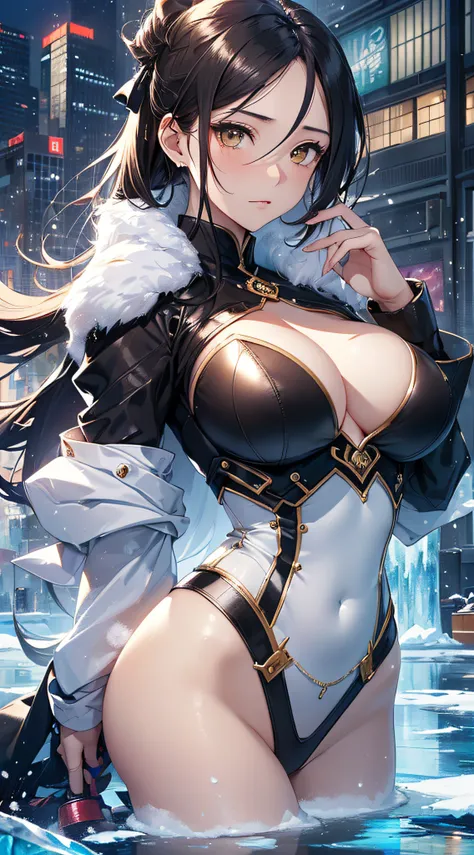 top-quality、Top image quality、​masterpiece、girl with((18year old、Best Bust、Medium bust、Bust 85,beautiful golden eyes、Breasts wide open,Black semi-long hair、A slender、Large valleys、Reflecting the whole body、White Japanese Clothing、Ice Sword、Ice Magic Circle...