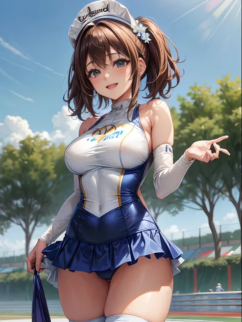 top-quality、Full limbs、complete fingers、1girl in、((one beautiful women、独奏))、Beautiful Large Breasts、Medium Hair、poneyTail、brown haired、Race Queen Costume、((Blue and white one-piece costume with logo:1.3))、Woman in blue and white miniskirt、White arm cover、T...