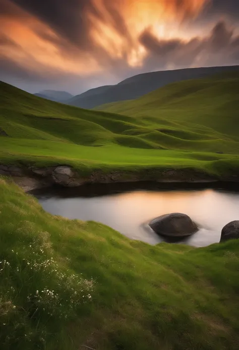 Angry hill, grassy, water