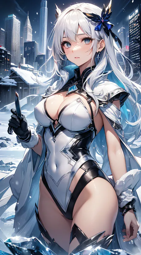 top-quality、Top image quality、​masterpiece、girl with((18year old、Best Bust、Medium bust、Bust 85,beautiful silver eyes、Breasts wide open,Semi-long hair of white silver、A slender、Large valleys、Reflecting the whole body、White Japanese Clothing、Ice Sword、Ice Ma...