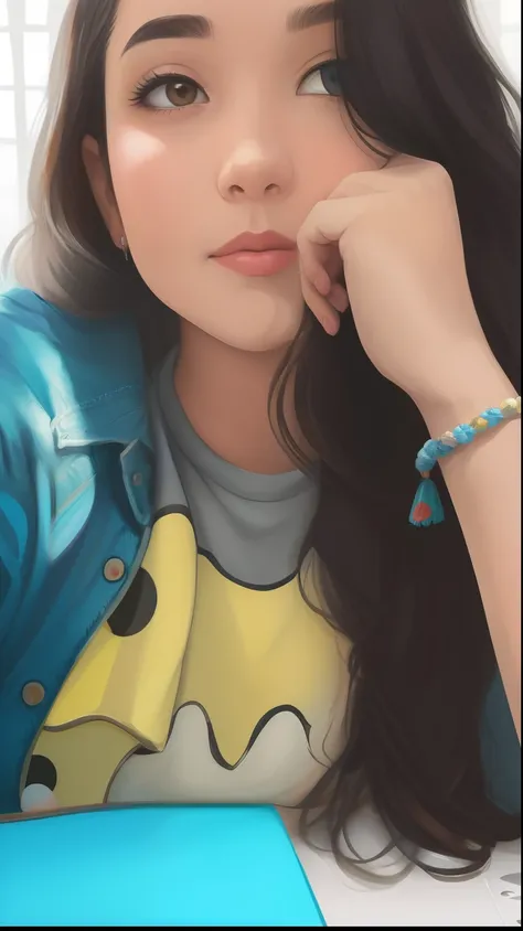 Menina dos desenhos animados com cabelo longo e uma camisa vermelha falando em um telefone celular, Personagem de close up, retrato de personagem de closeup, 🤤 retrato da menina, closeup retrato de personagem, painting digital adorable, Personagem close up...