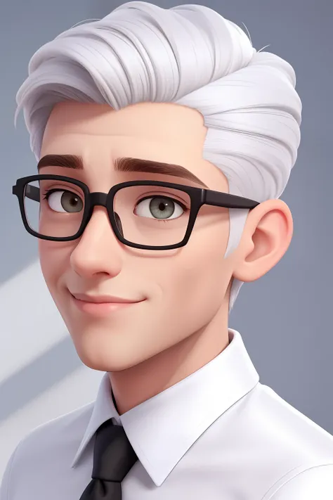 Um homem de 28 anos, com cabelos pretos curtos,face de diamante, olhar rigoroso, e olhos castanhos, Wearing white white shirt with tie and glasses.