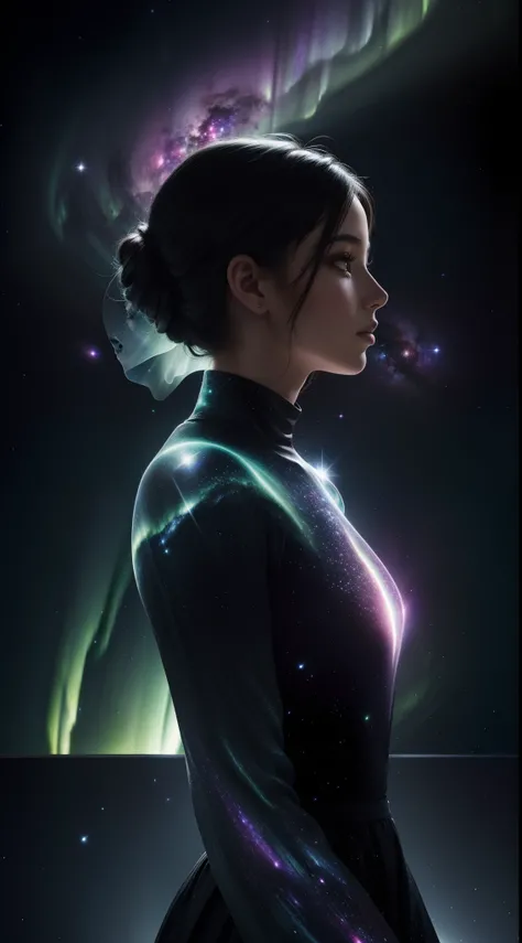 lovely double exposure image by blending together a galaxy and a dark female silhouette. The galaxy should serve as the underlying backdrop, with its details subtly incorporated into the female silhouette, sharp focus, double exposure, northen lights color...