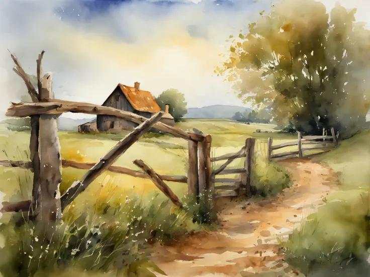 foreground wooden farm gate and run down low stone wall with grass and plants. middle ground farmhouse and trees with a field in front. atmospheric sky in the background. hi res. realistic.