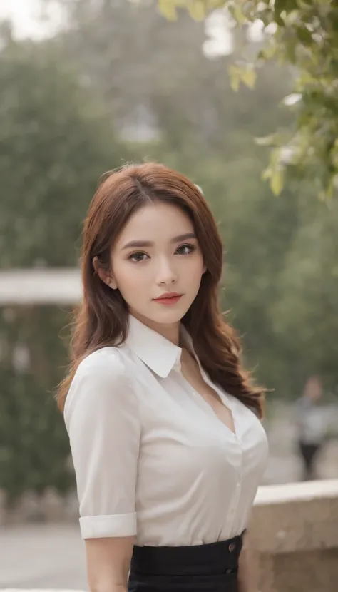 Best quality, Full body portrait, Delicate face, Beautiful face, Big eyes: 1.1, Makeup: 1.2, 25 years old woman, Slim body, small busts, office lady uniform, White-collar uniforms for women, office uniform, Black stockings, Outdoor scene,