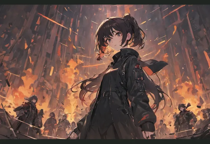 A group of people dressed in all black，In the middle is a girl，Hold a weapon in an apocalyptic setting