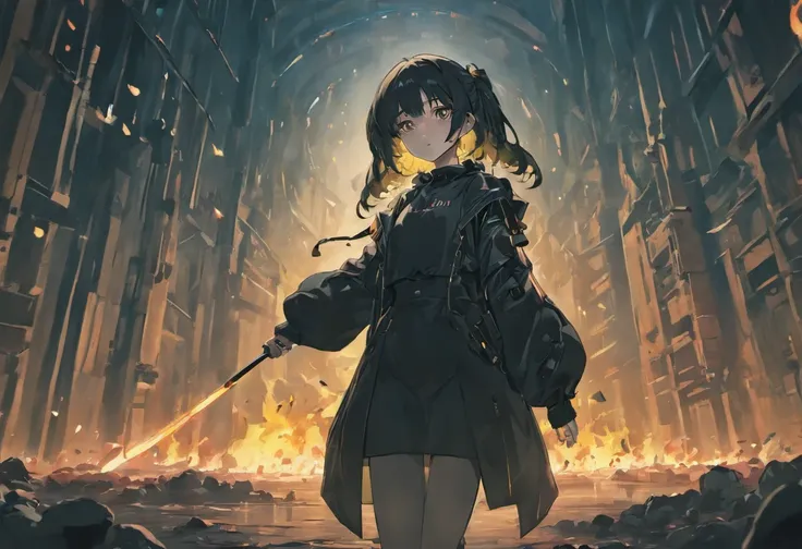 A group of people dressed in all black，In the middle is a girl，Hold a weapon in an apocalyptic setting