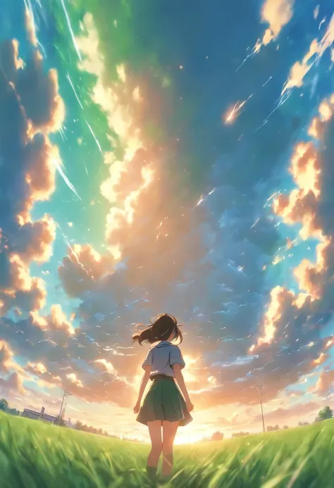 1girl in distance, looking up, school uniform, epic composition, green grass field, windy, blue sky, beautiful clouds, sunny light, absurdres, high res, ultrasharp, 8K, masterpiece, makoto shinkai style, shot on dslr