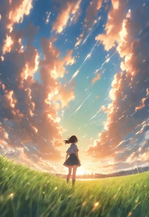 1girl in distance, looking up, school uniform, epic composition, green grass field, windy, blue sky, beautiful clouds, sunny light, absurdres, high res, ultrasharp, 8K, masterpiece, makoto shinkai style, shot on dslr