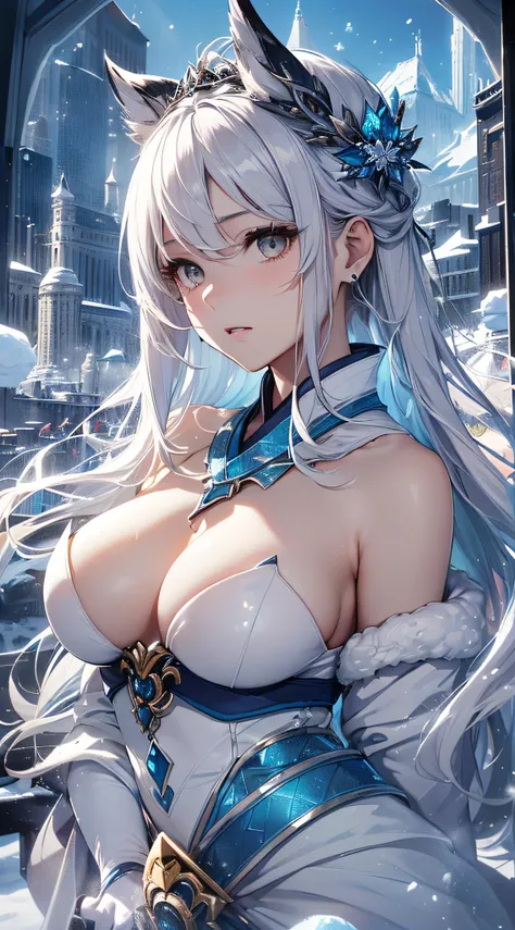 top-quality、Top image quality、​masterpiece、girl with((18year old、Best Bust、Medium bust、Bust 85,beautiful silver eyes、Breasts wide open,Semi-long hair with white silver、A slender、Large valleys、Reflecting the whole body、White Japanese Clothing、Ice Sword、Ice ...