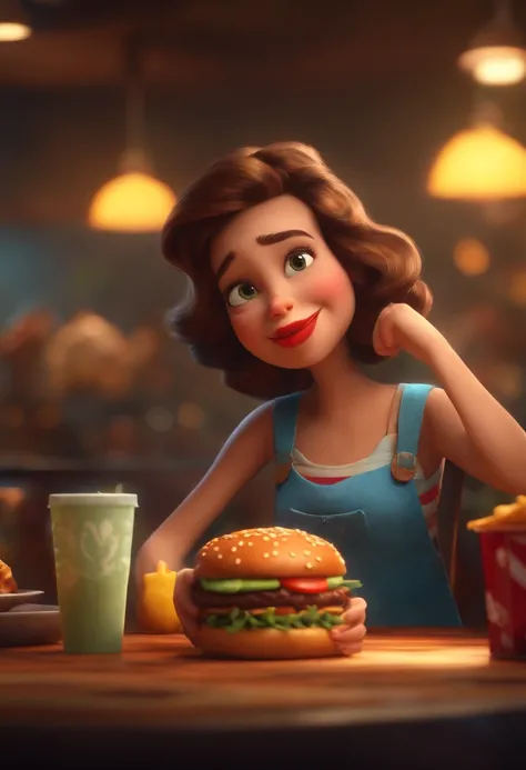 Make a Girl, Shes hungry, como Disney Cartoon, Shes eating hamburger, Pixar, ..3d, Disney