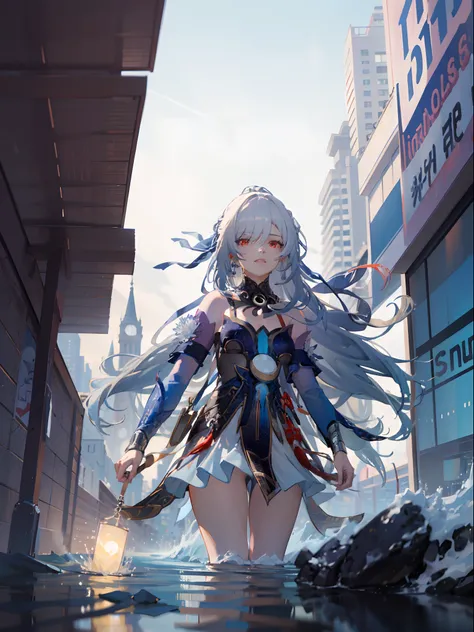 best quality, masterpiece, 1girl, red eyes, tied up light blue hair, aesthetic, artistic, city