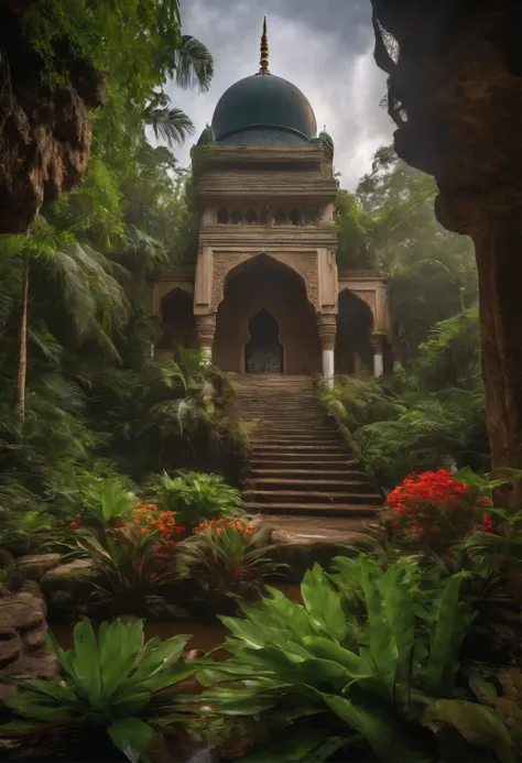 A very detailed photography of an islam mosque in the jungle, many waterfalls, dramatic sky, wild plants and flowers, iperrealistic