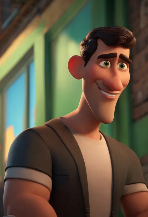 A city bold councilman looking at a dream project inspired by Pixar animation, de perto. The character takes center stage with captivating facial expressions, oferecendo um toque de irrealidade