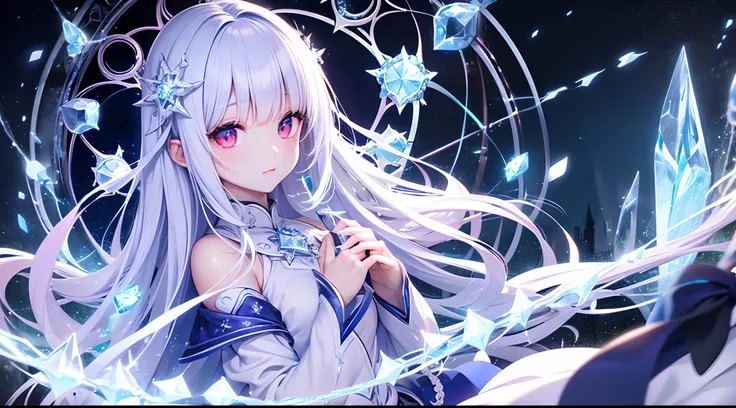 Top image quality、ultra-definition、Ultra High Definition Facial、Ultra-fine eyes、fantastical light、teens girl、White long hair、red eyes、Sorcerer、White Wizard Costume、Snowflake、Yuki、magic circles、natta、moonlights、Blue roses、Blue stained glass、Pieces of ice、Re...