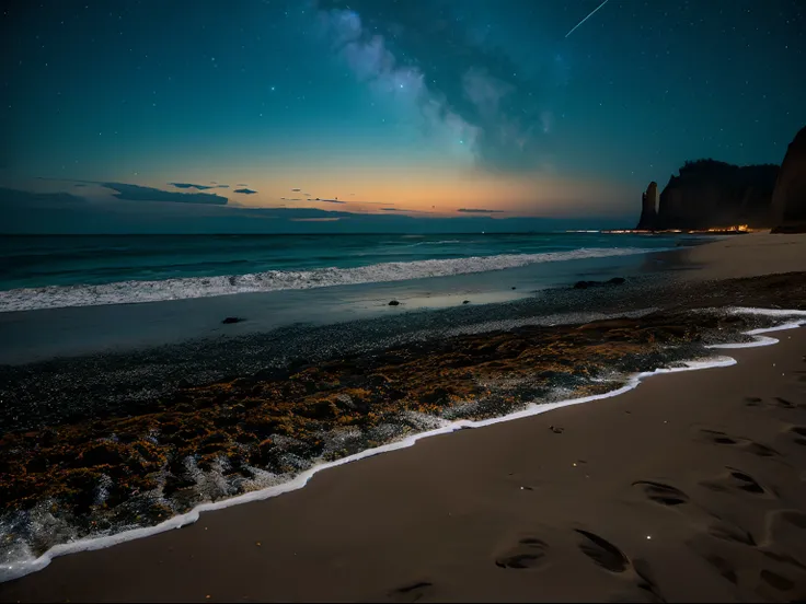 landscape shot, great outdoors, sand beach, Midnight, unmanned, Starry sky in winter, (a moon:0), (nebulas:1.2), (suns:0), murky