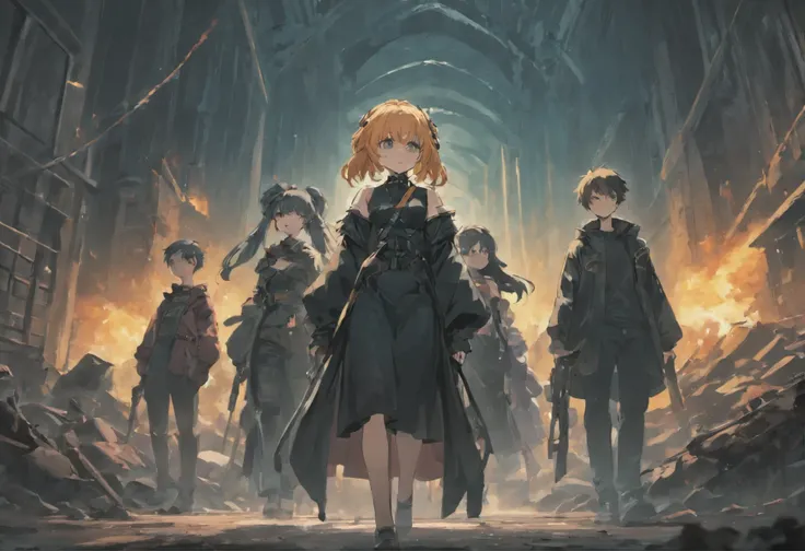 A group of people dressed in all black，In the middle is a girl，Hold a weapon in an apocalyptic ruins setting，Ultra-clear details