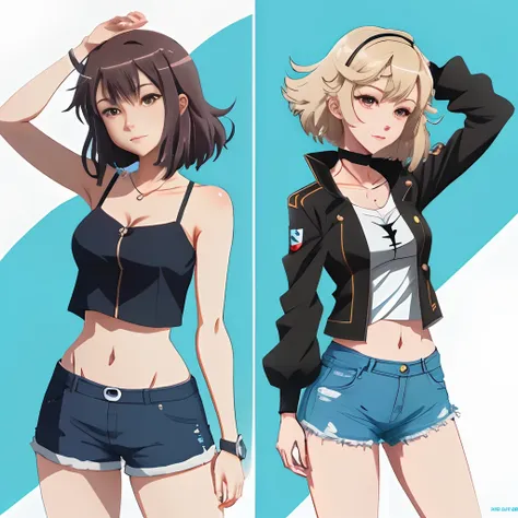 Garota anime com cabelo loiro e um top preto e shorts castanhos, estilo anime 4K, protagonista feminina 👀 :8, Cushart Kenz, (menina anime), kantai collection style, anime moe artstyle, menina anime, menina anime atraente, personagem de anime feminino, pers...