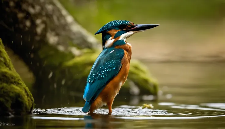 A kingfisher fishing on the water，Features，Natural soft light，National Geographic photo confronts a white wolf in the forest，looking menacing, Surrealists, Photogram, Very high resolution photos