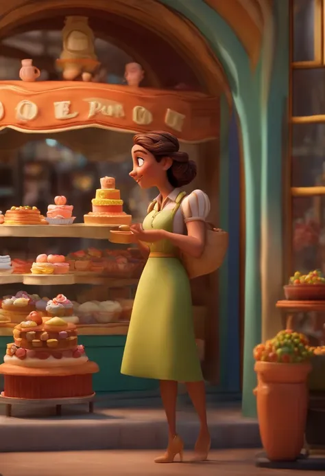 A woman looking at the façade of a cake shop inspired by the Pixar animation, de perto. The character takes center stage with captivating facial expressions, oferecendo um toque de irrealidade