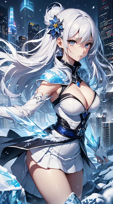 top-quality、Top image quality、​masterpiece、girl with((18year old、Best Bust、Medium bust、Bust 85,beautiful silver eyes、Breasts wide open,Semi-long hair in white silver、A slender、Large valleys、Reflecting the whole body、White Japanese Clothing、White short skir...