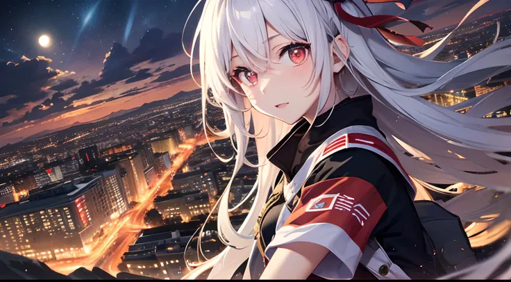 (masutepiece), Red pupils, Very cute girls, Cute, deep in the night, Windswept and cloudy, Overlooking a high perspective, in night, Light floating above the sky，Armband with the flag of Japan on the arm，battle garments.