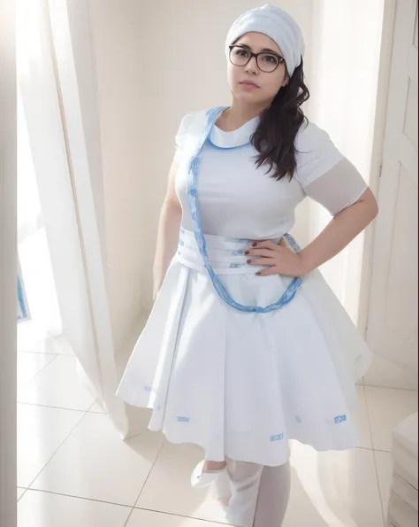 Theres a woman standing in a room wearing a white headcloth, corpo inteiro com traje, White blouse and flowing blue skirt, traje completo, White & Blue Themed,