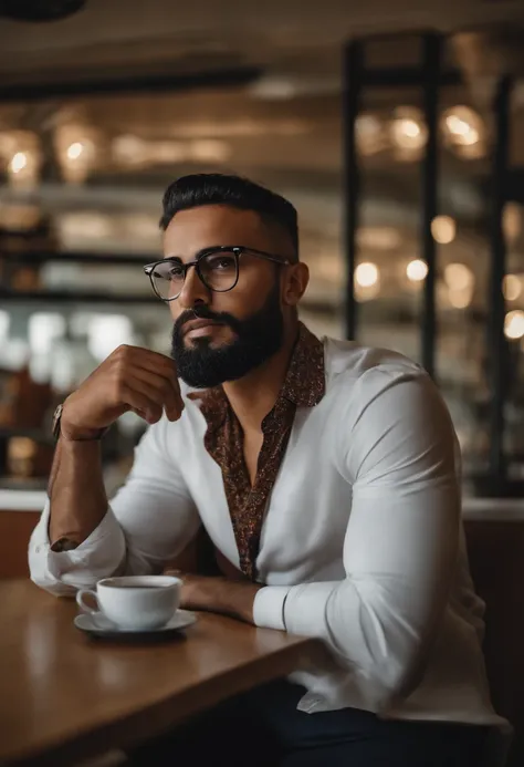 Brown man with square glasses, cabelo crespo alto, camisa branca em uma cafeteria, barba grande