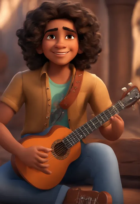 crie um banner no estilo Pixar. A boy with Indian features, moreno pardo com cabelos curtos, Castanhos escuros, Curly and slightly grayish appearance, mas jovem, usando uma camiseta, Wearing jeans and holding a classical guitar with 7 strings.