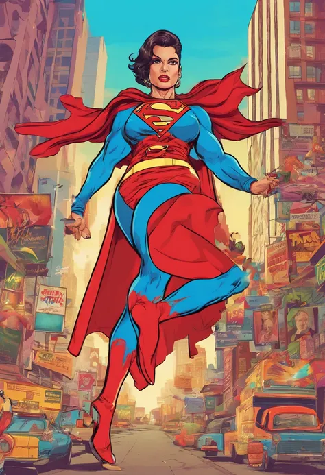 Mulher-Maravilha com roupa de Superman uma mulher morena clara olhos castanhos cabelos longos castanhos com Baton vermelho brinco