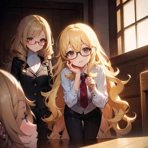 Blonde female psychologist with long curly hair, with brown eyes and glasses. Talking to a child.