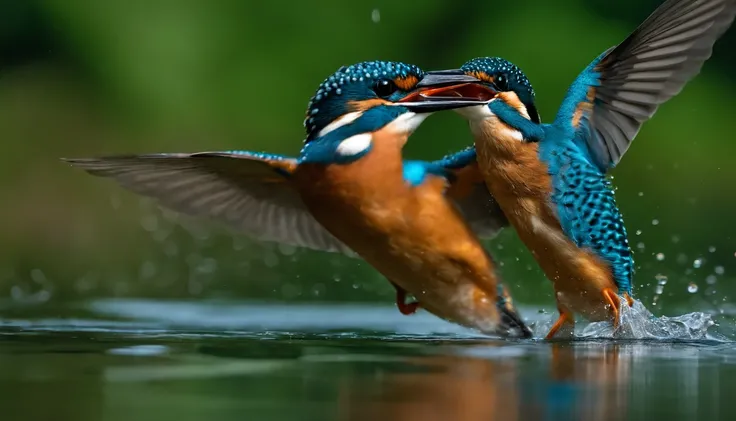 Kingfishers fly on the water，Fish in the mouth，Water droplets fly，Features，Natural soft light，《National Geographic》photore，In the forest，looking menacing, Surrealists, Photogram, Very high resolution photos，cannon RF600 F4L photo