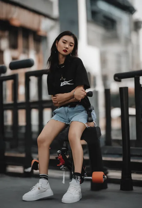 Chinese girl leaning on a pole with a skateboard, She is seen wearing streetwear pieces, Woman in streetwear, female streetwear blogger, streetwear fashion, skateboarder style, 2 techwear women, hiphop urban inspired, street clothing, Stand on a skateboard...